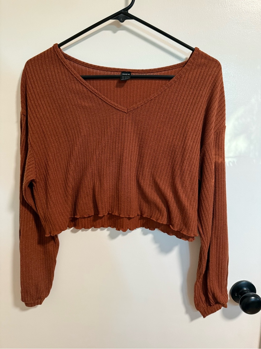 SHEIN Ribbed V-Neck Cropped Long Sleeve Top - Rust